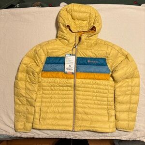 Cotopaxi Fuego Women's Hooded Down Jacket Yellow Wheat Stripes Medium NWT New!